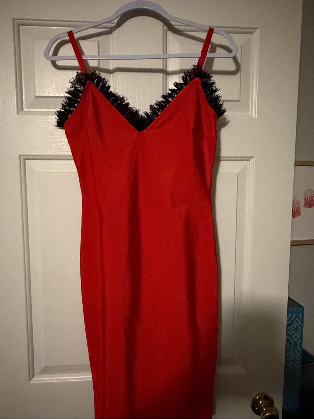 WOW couture Red Mini Dress with Black Fringed Trim